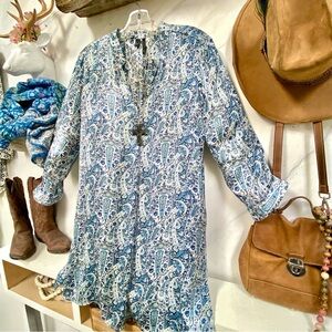 Pretty Blue Paisley Print floral boho tunic/mini Dress/cover up shabby chic vibe